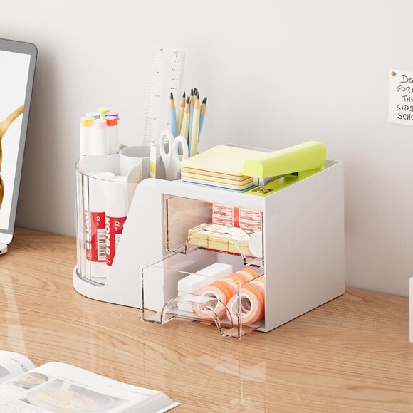 Desk Organizer with 2 Drawer, 360°Rotating Pen Holder, Desk Organizers and Acces - Picture 2 of 7